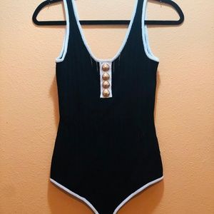 Balmain Black Knit Bodysuit with gold buttons